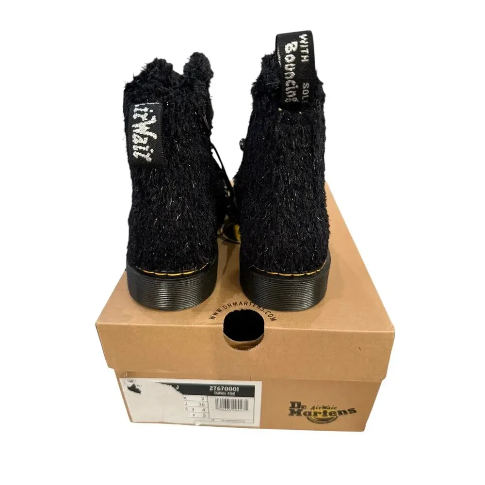 Dr. Martens Girls Junior Black Tinsel Fur 1460 Pascal Lace Up Boots Size 4 M